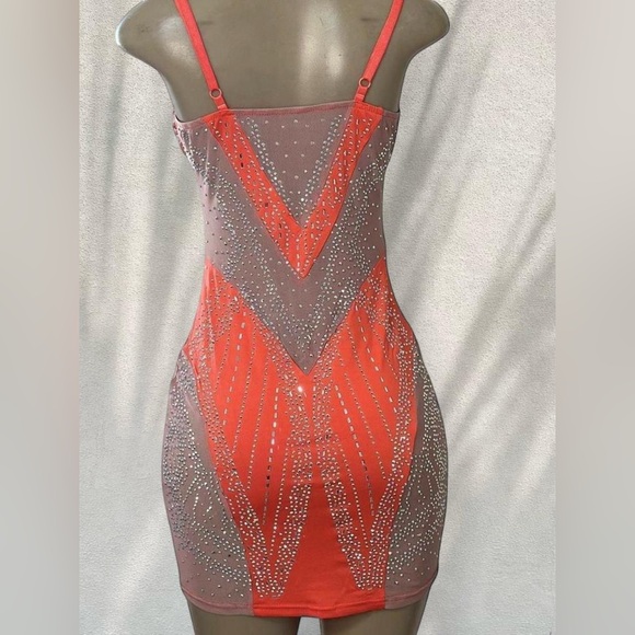 🍊 Orange Rhinestone Mesh Mini Dress - Picture 2 of 3